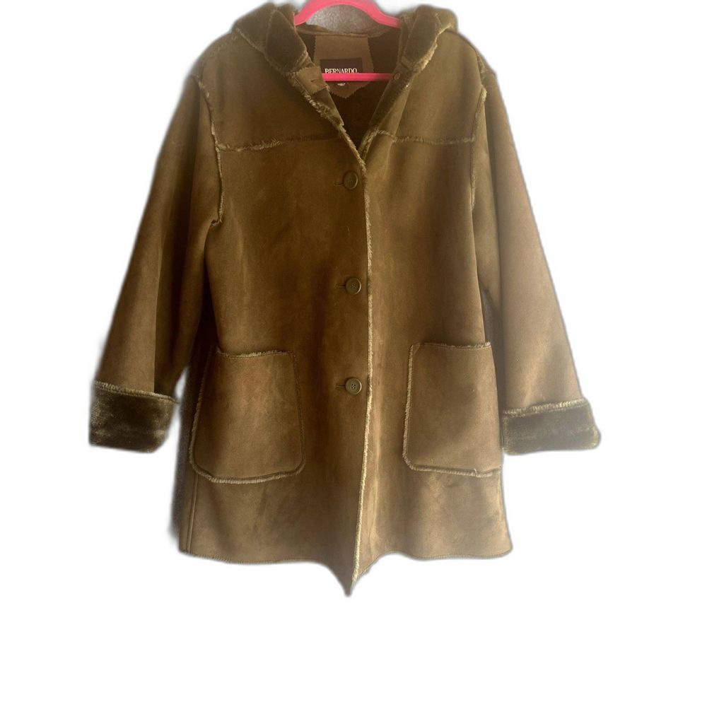 Bernardo Womans Mid length Warm coat Faux suede brown/olive green warm size Lg
